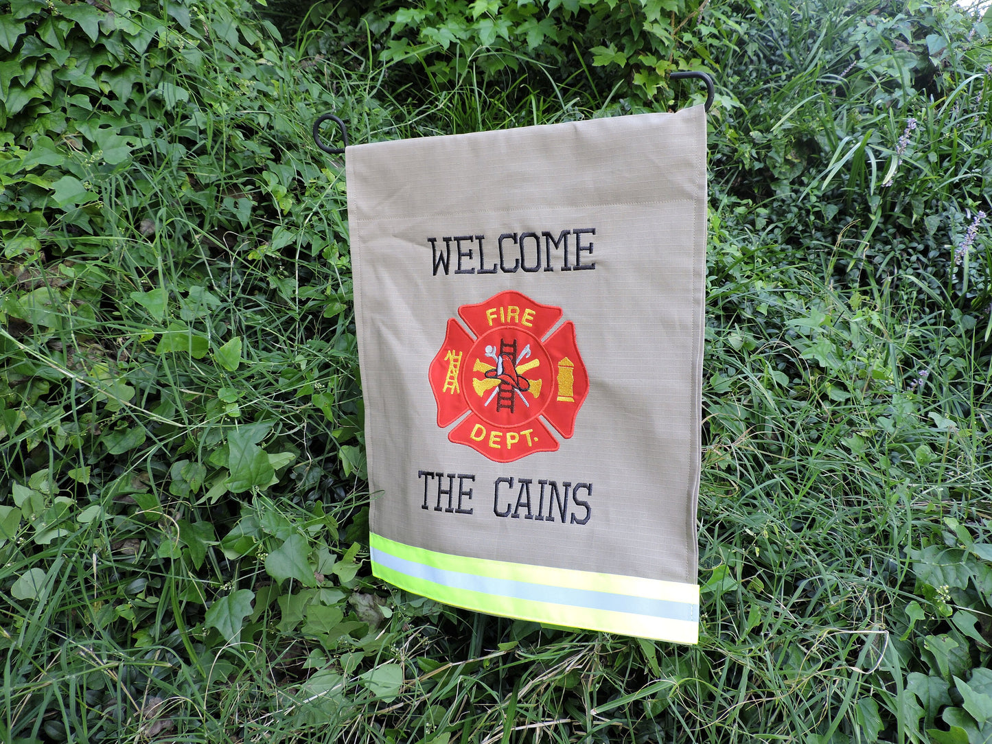 Tan Fabric Neon Yellow Reflective Tape Firefighter Maltese Cross Garden Flag with Two Names
