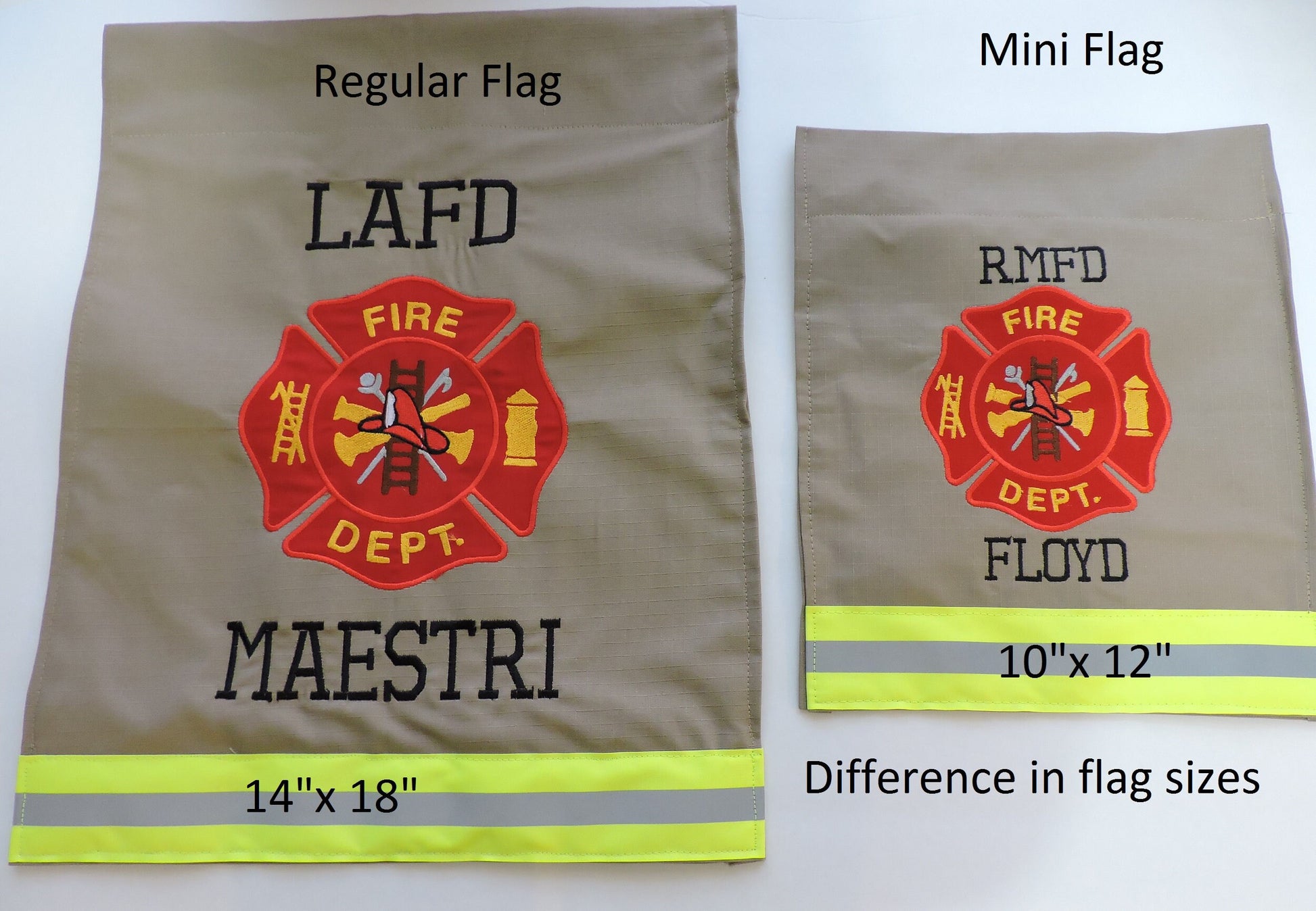 View of sizes of Firefighter Maltese Cross Garden Flag with one name regular size 14" x 18" and mini size 10" x 12"