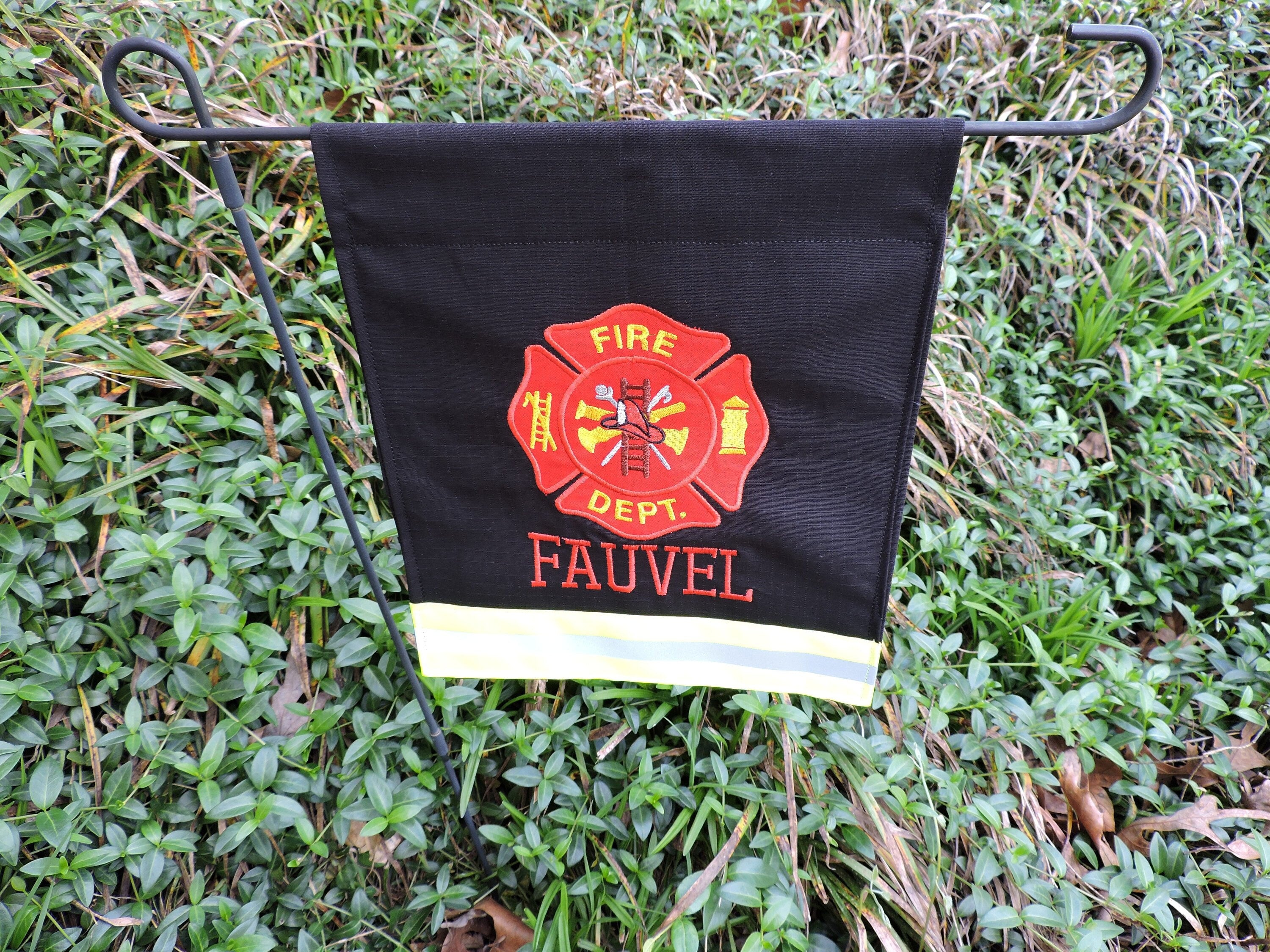 Black Fabric Neon Yellow Reflective Tape Firefighter Maltese Cross Garden Flag with one name