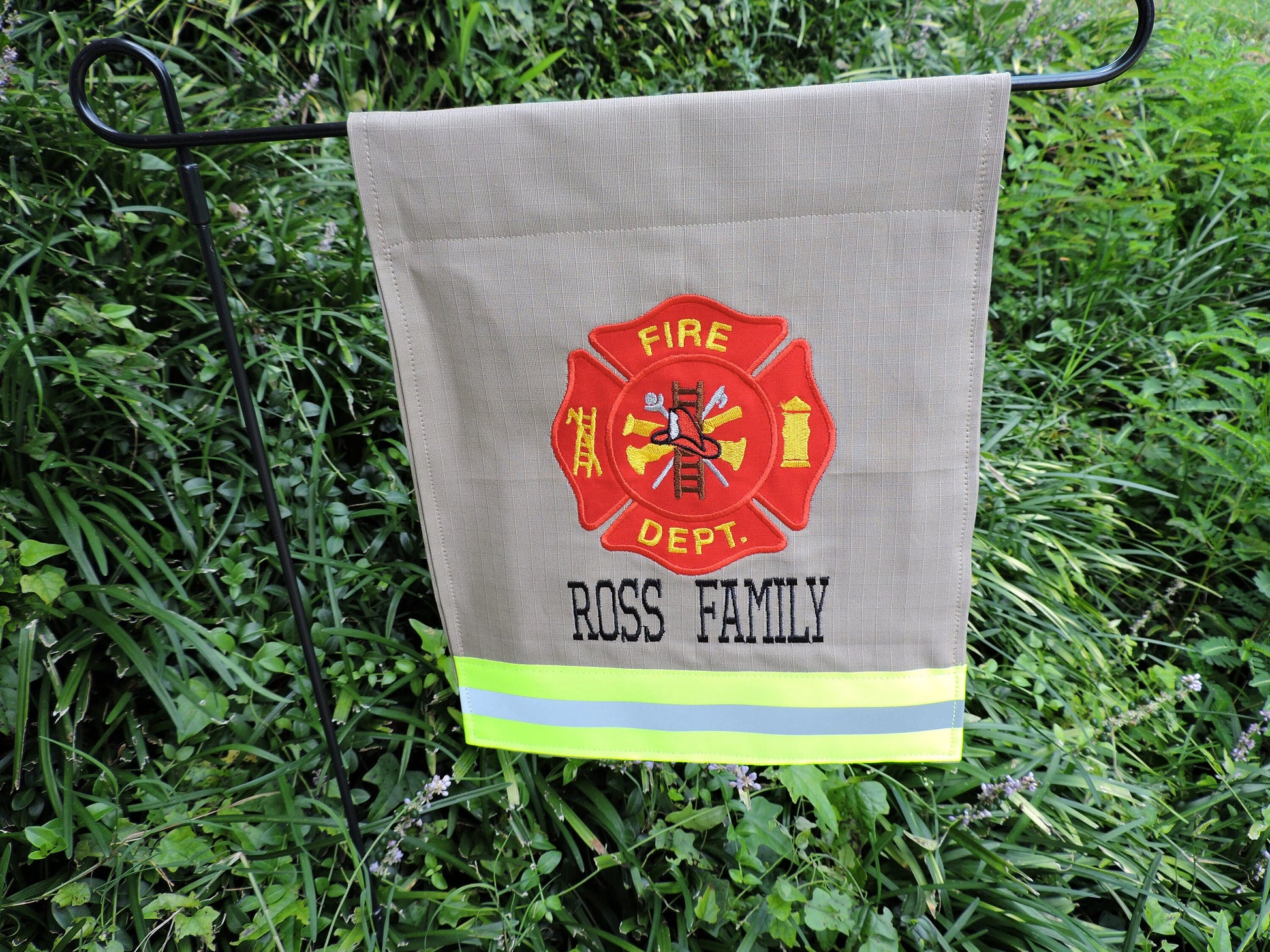 Tan Fabric Neon Yellow Reflective Tape Firefighter Maltese Cross Garden Flag with one name