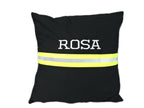 black fabric neon yellow reflective tape with name Firefighter Pillow cover