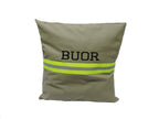 tan fabric neon yellow reflective tape with name Firefighter Pillow cover