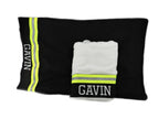 black fabric with neon yellow relfective tape Firefighter gift set pillowcase and bath towel