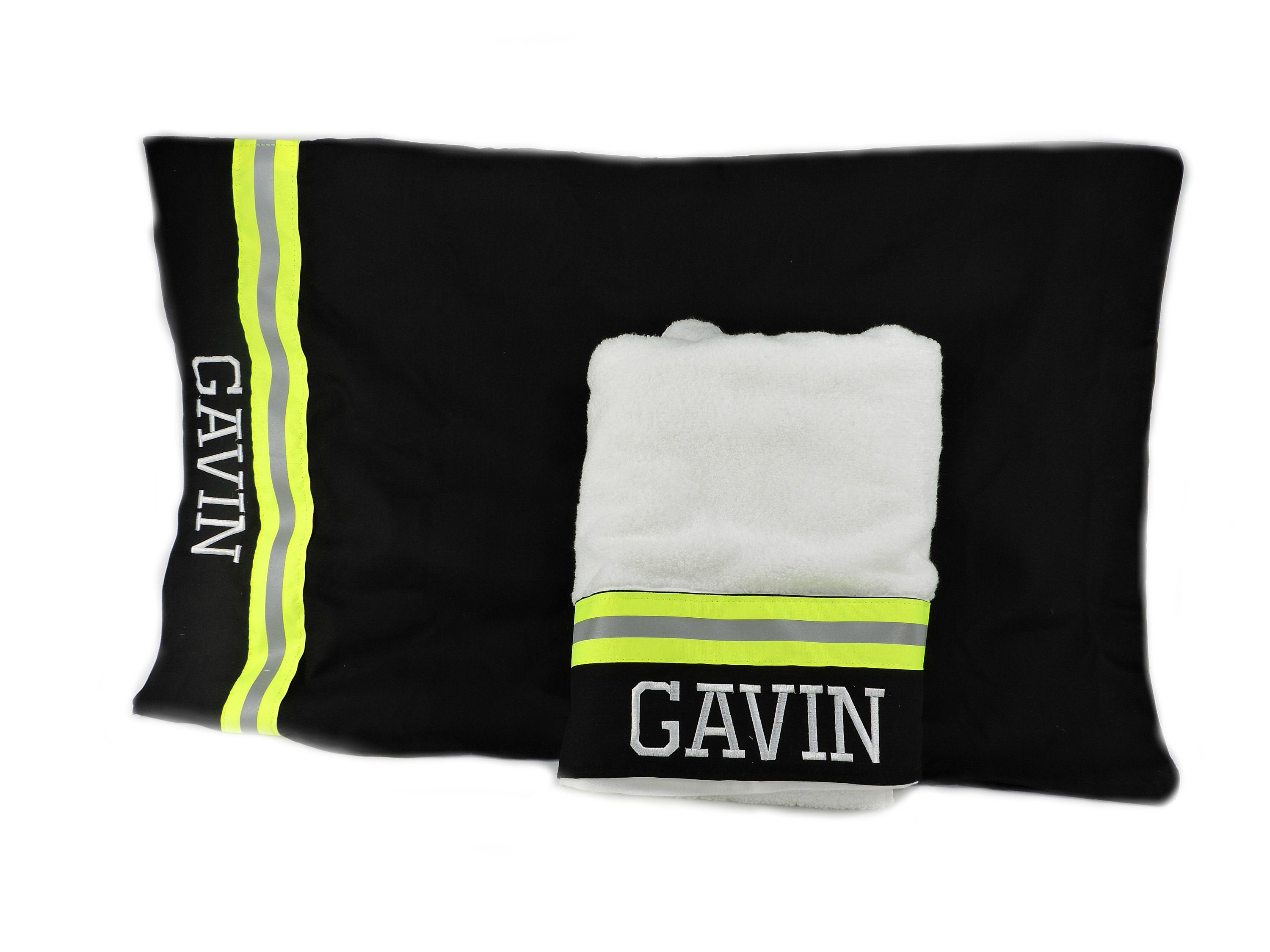 black fabric with neon yellow relfective tape Firefighter gift set pillowcase and bath towel