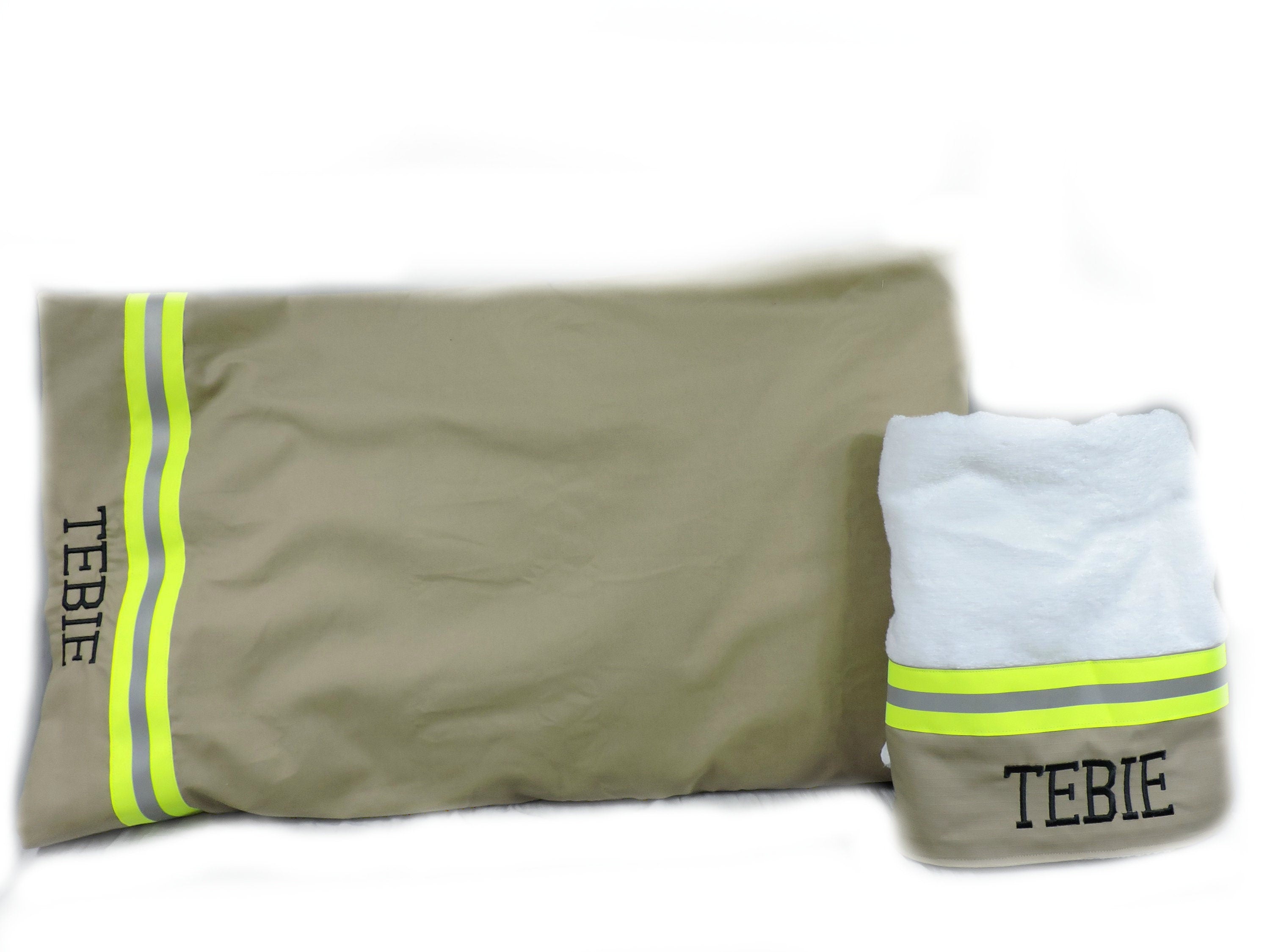 tan fabric with neon yellow reflective tape Firefighter gift set pillowcase and bath towel