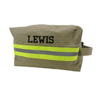Tan fabric with neon yellow reflective tape Toiletry Bag with a name added