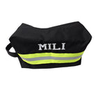 Black fabric with neon yellow reflective tape firefighter toiletry bag with a name added