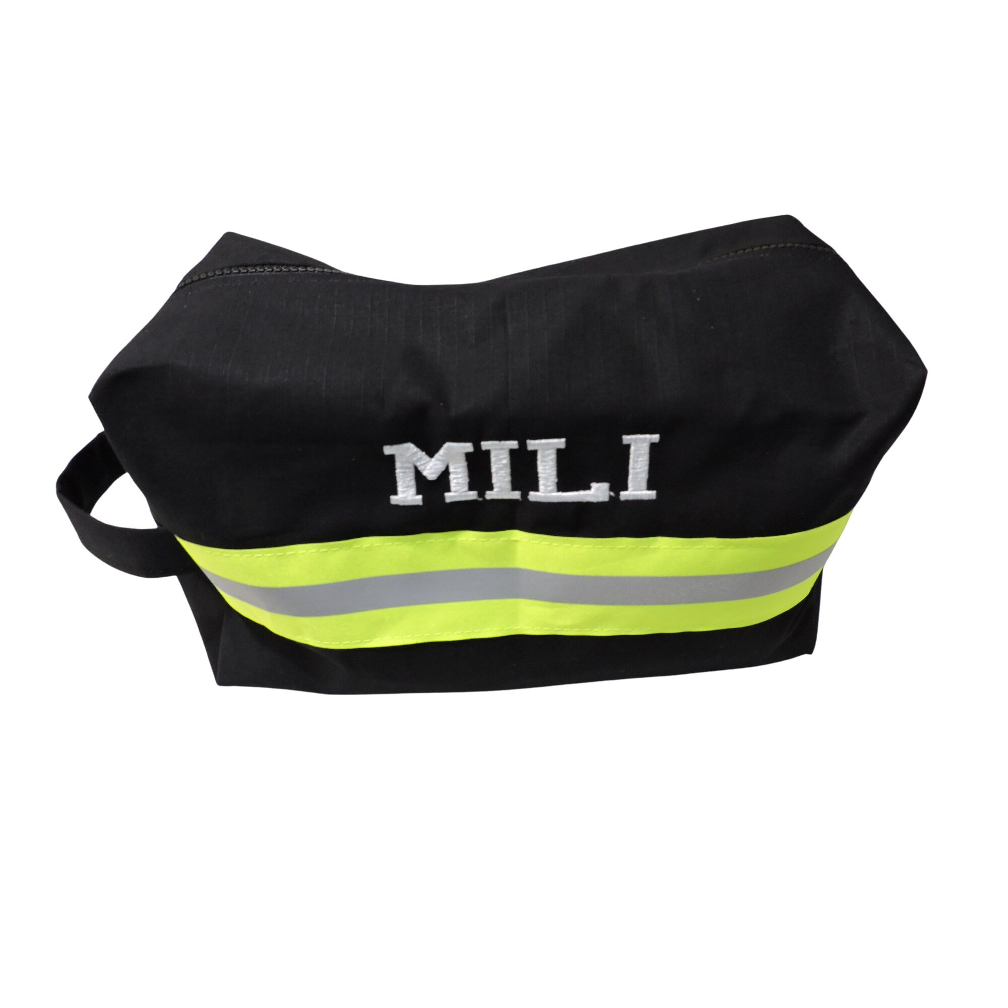 Black fabric with neon yellow reflective tape firefighter toiletry bag with a name added