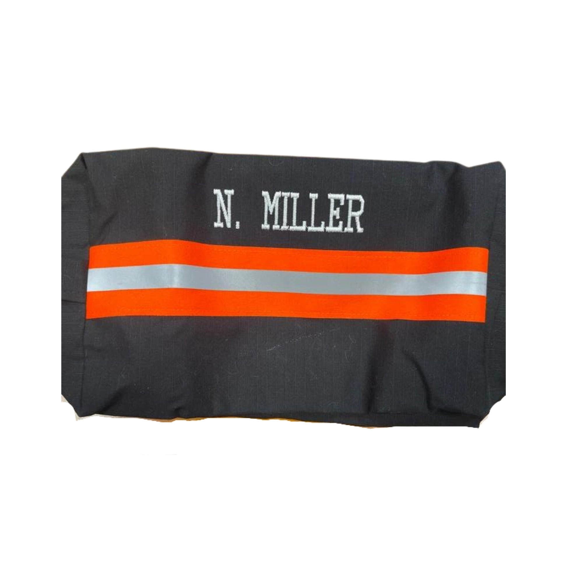 black with orange reflective tape firefighter toiletry bag with a name added