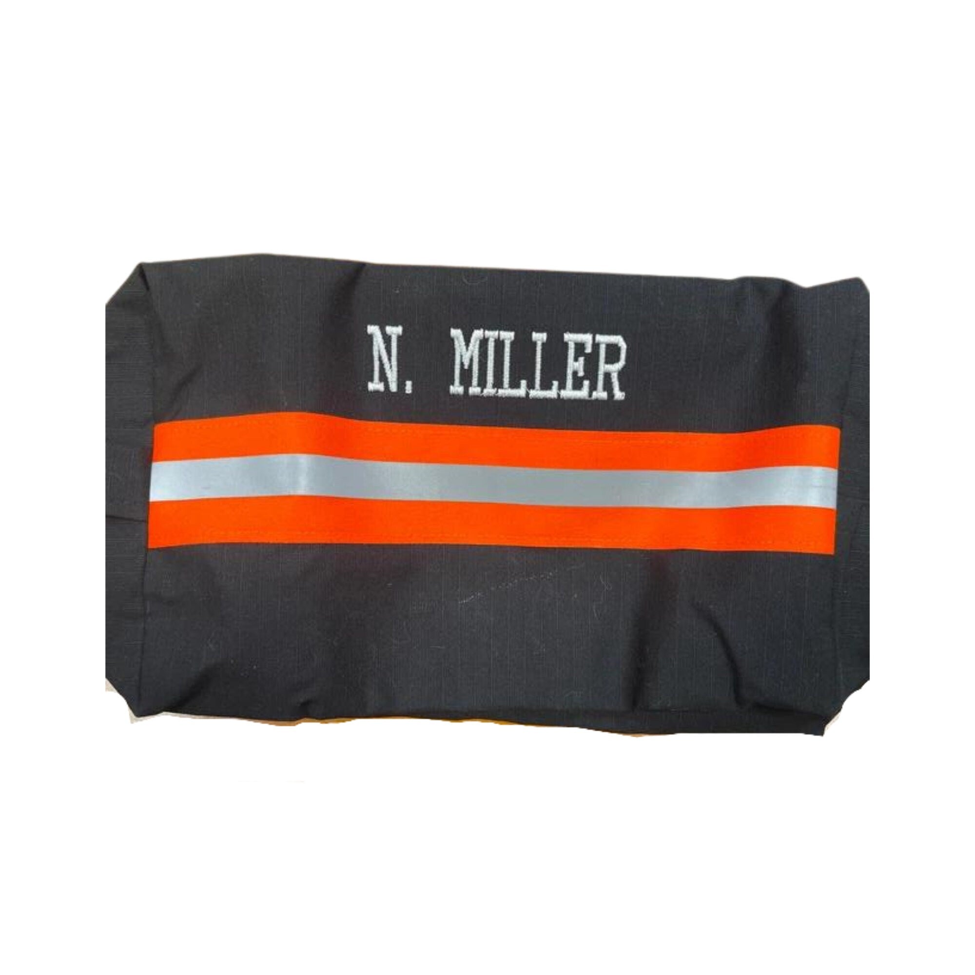 black with orange reflective tape firefighter toiletry bag with a name added 
