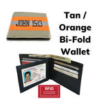 tan orange reflective tape bi fold wallet with RFID