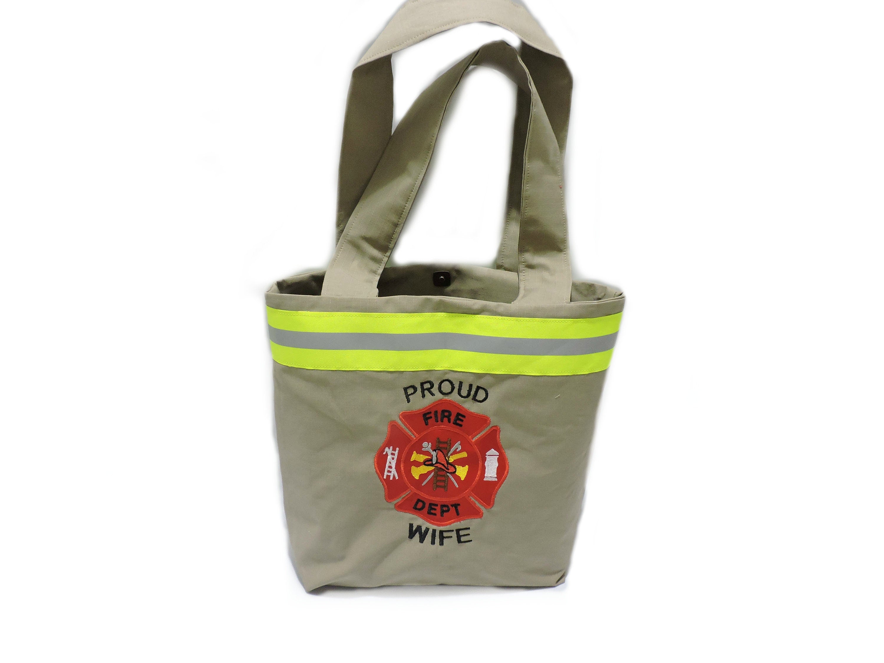 Tan Fabric Neon Yellow Reflective Tape Firefighter Wife Purse