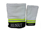 black fabric with neon yellow reflective tape  Firefighter bath towels 