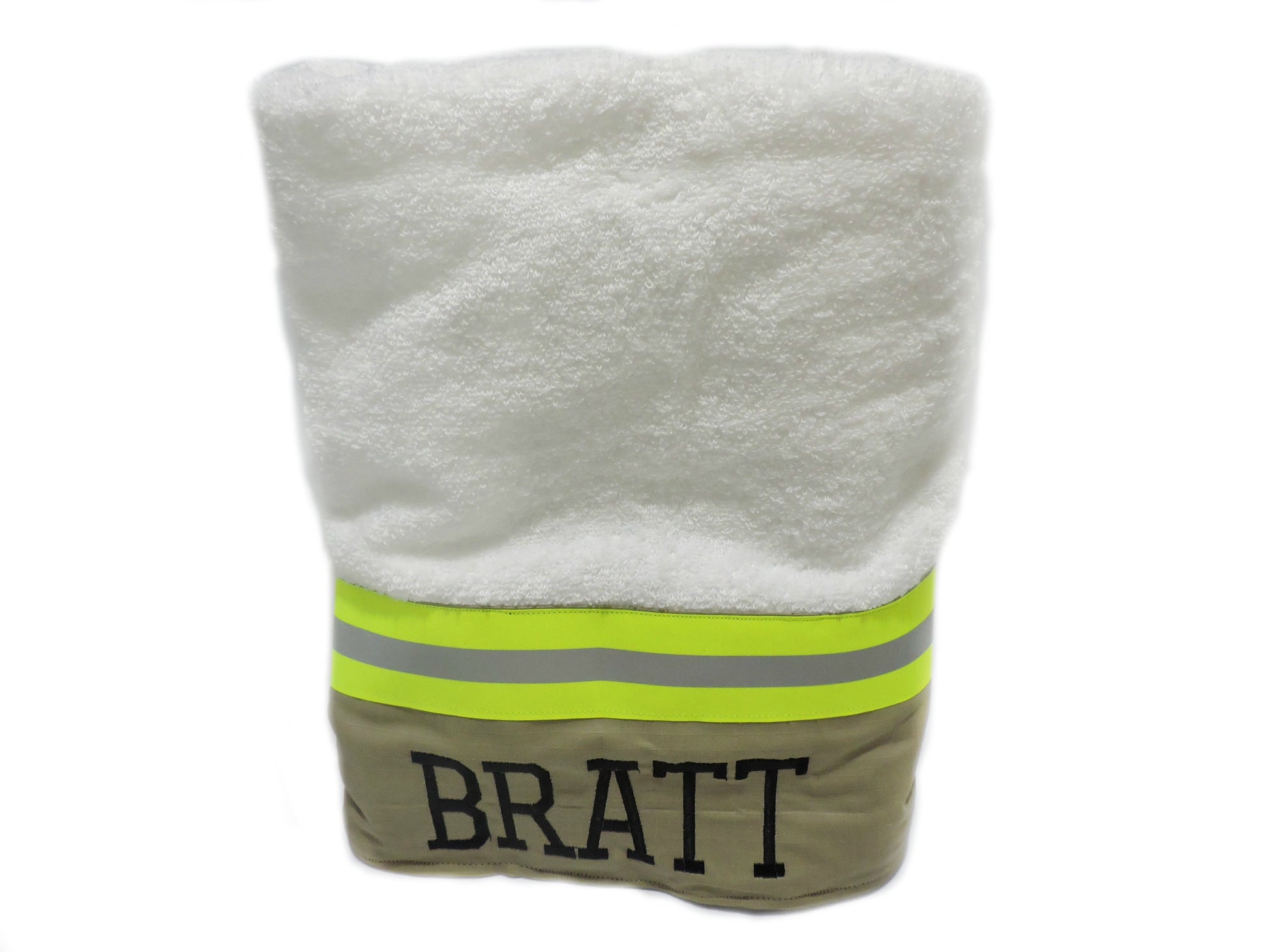 Tan fabric with neon yellow reflective tape  firefighter bath towel with a name added