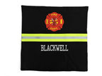 black fabric with neon yellow reflective tape Firefighter pillow cover with maltese cross and a name 