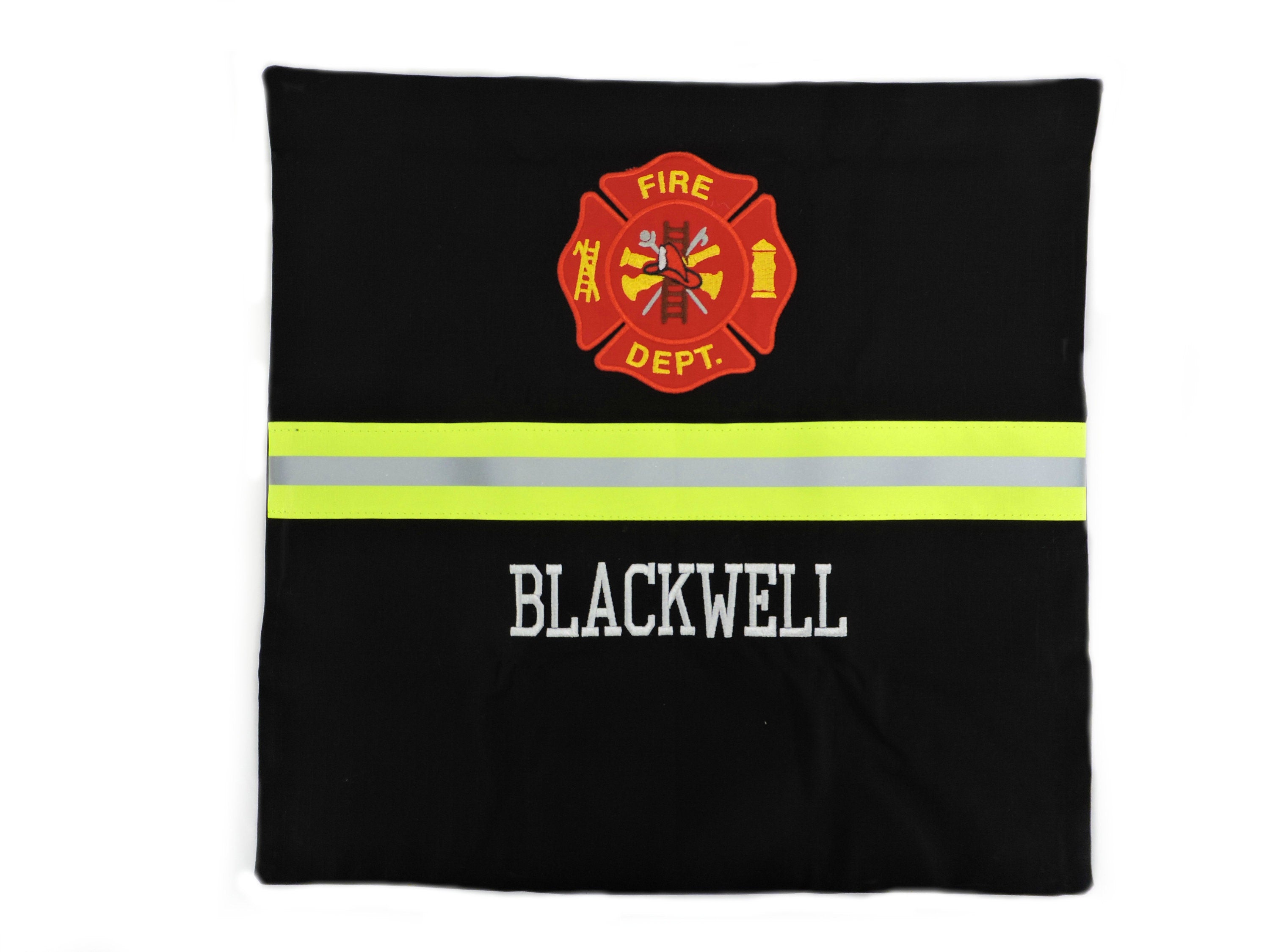 black fabric with neon yellow reflective tape Firefighter pillow cover with maltese cross and a name 
