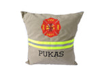tan fabric  with neon yellow reflective tape Firefighter pillow cover with maltese cross