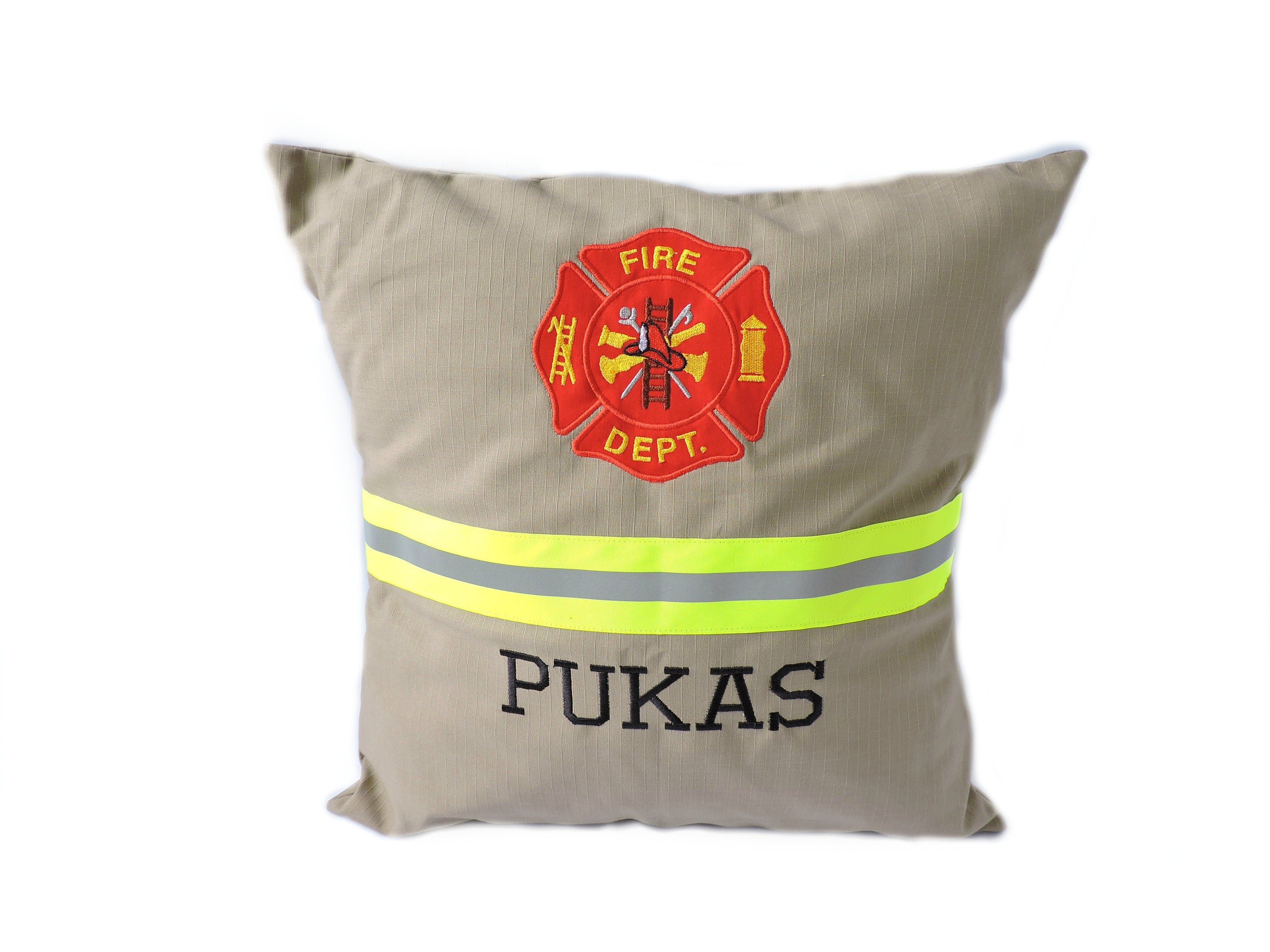 tan fabric  with neon yellow reflective tape Firefighter pillow cover with maltese cross