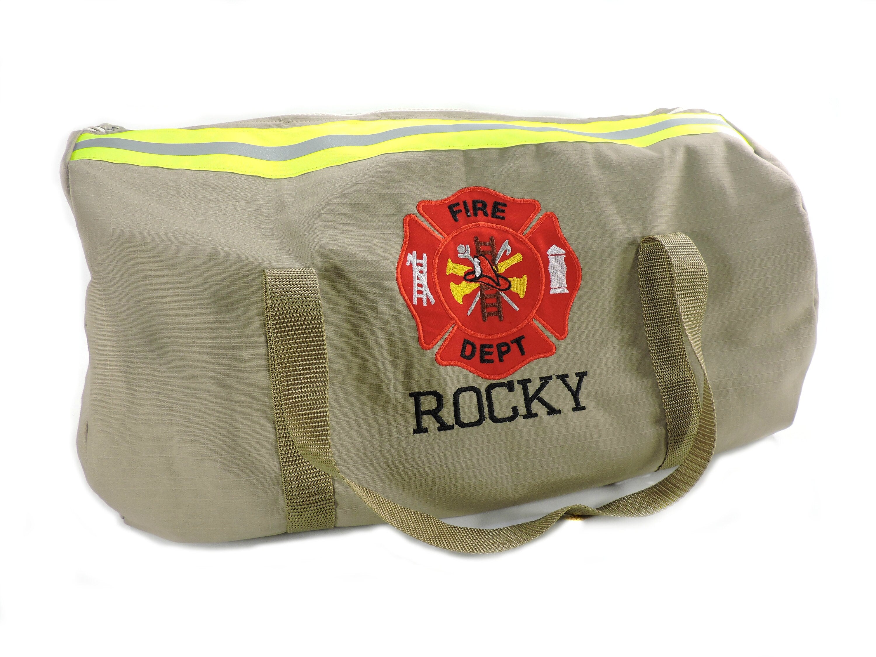Tan Fabric and Neon Yellow Reflective Tape firefighter duffel bag