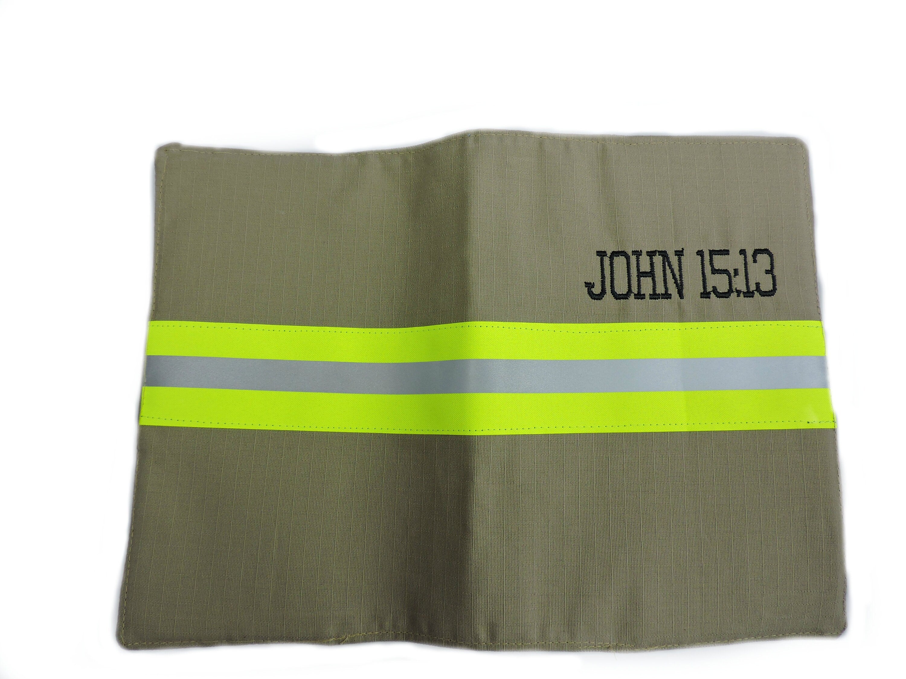 Tan fabric  with neon yellow reflective tape Firefighter bible cover