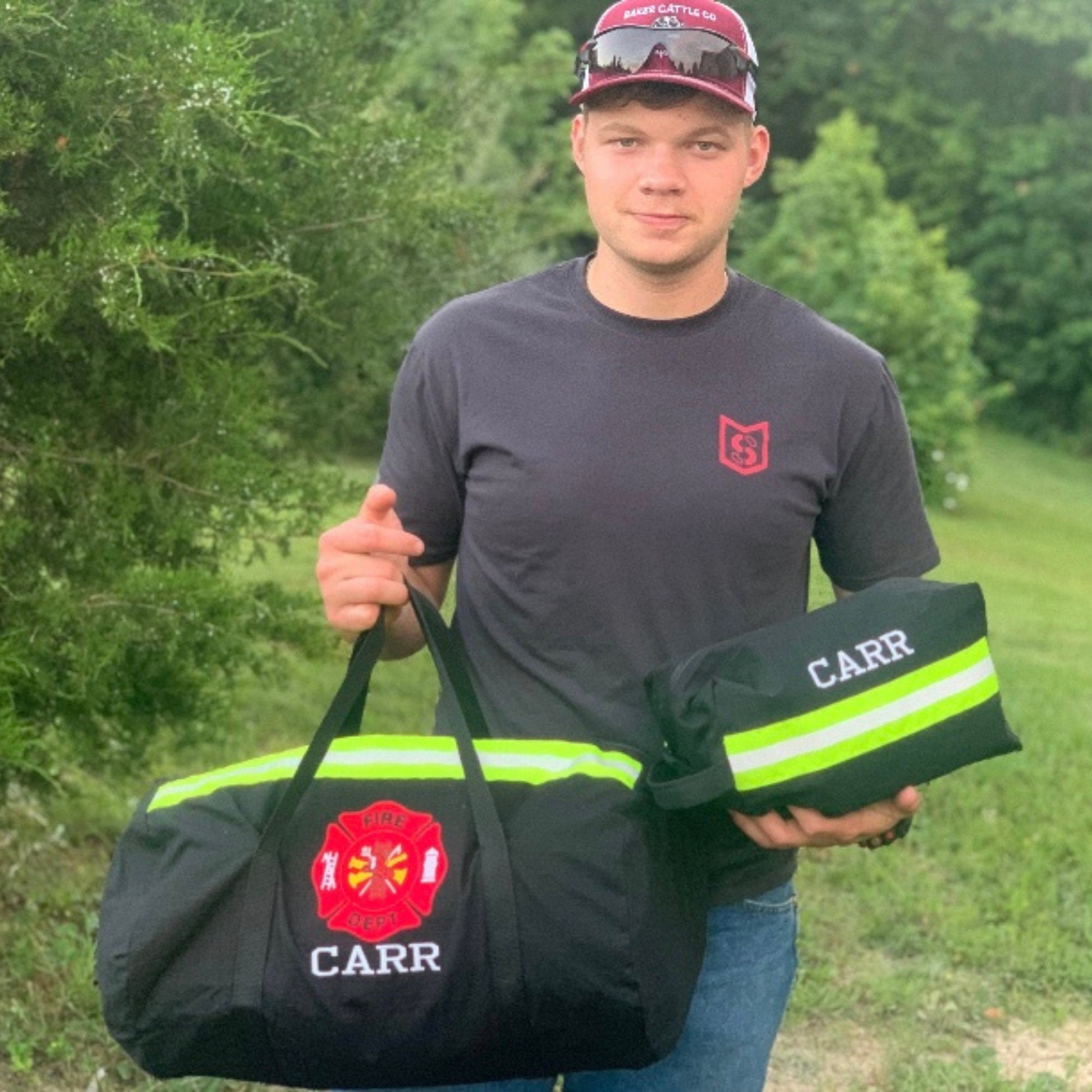 firefighter with firefighter duffel bag and travel bag set