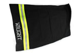 black fabric neon yellow reflective tape firefighter pillowcase with a name added