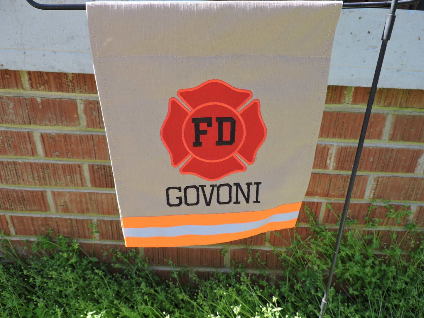 Tan Fabric Neon Orange Reflective Tape Firefighter FD Garden Flag with One Name