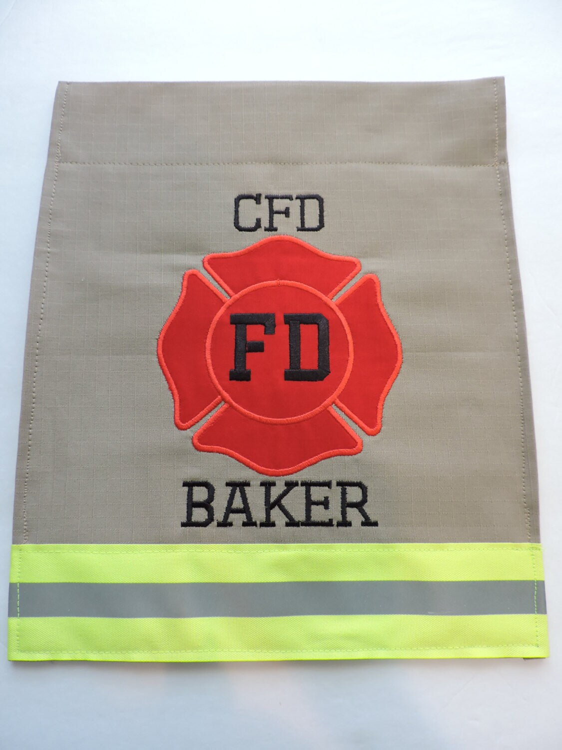 Tan Fabric Neon Yellow Reflective Tape firefighter fd garden flag with two names