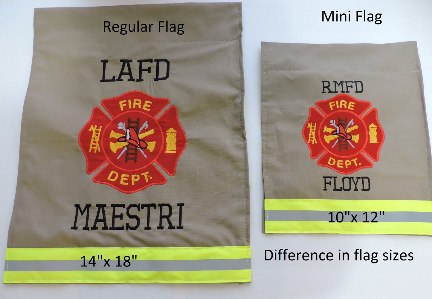 View of sizes of Firefighter Maltese Cross Garden Flag with one name regular and mini