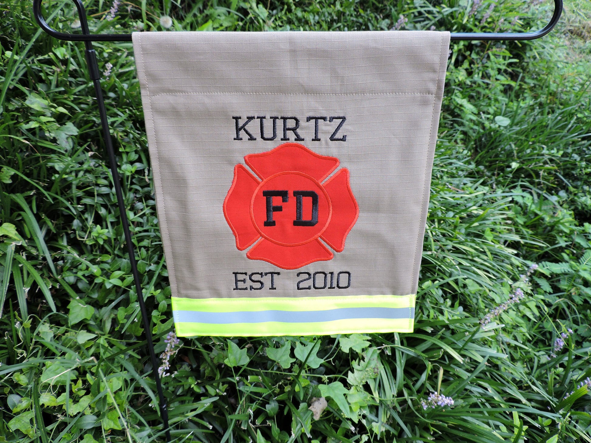 Tan Fabric Neon Yellow Reflective Tape firefighter fd garden flag with two names