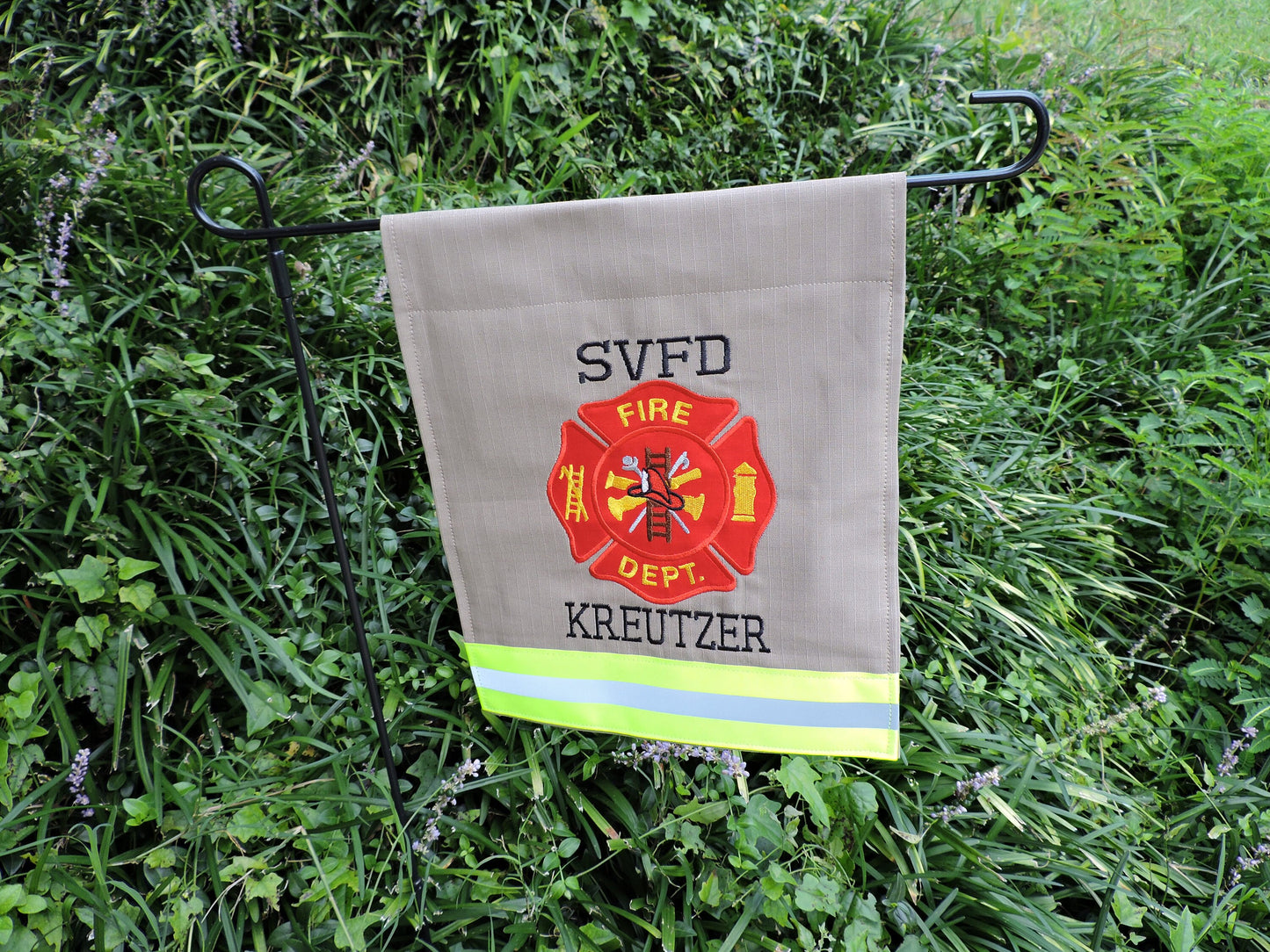 Tan Fabric Neon Yellow Reflective Tape Firefighter Maltese Cross Garden Flag with Two Names