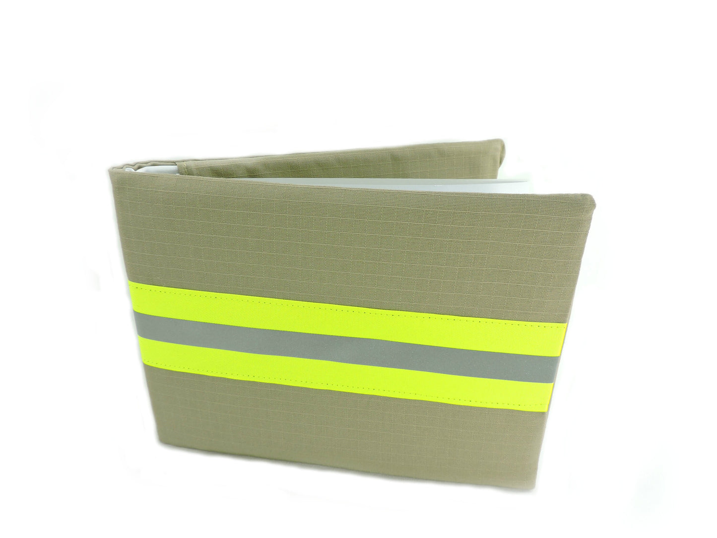 Tan Fabric and Neon Yellow Reflective Tape Firefighter Wedding Guestbook no name