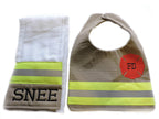 tan fabric Firefighter baby bib and burp cloth