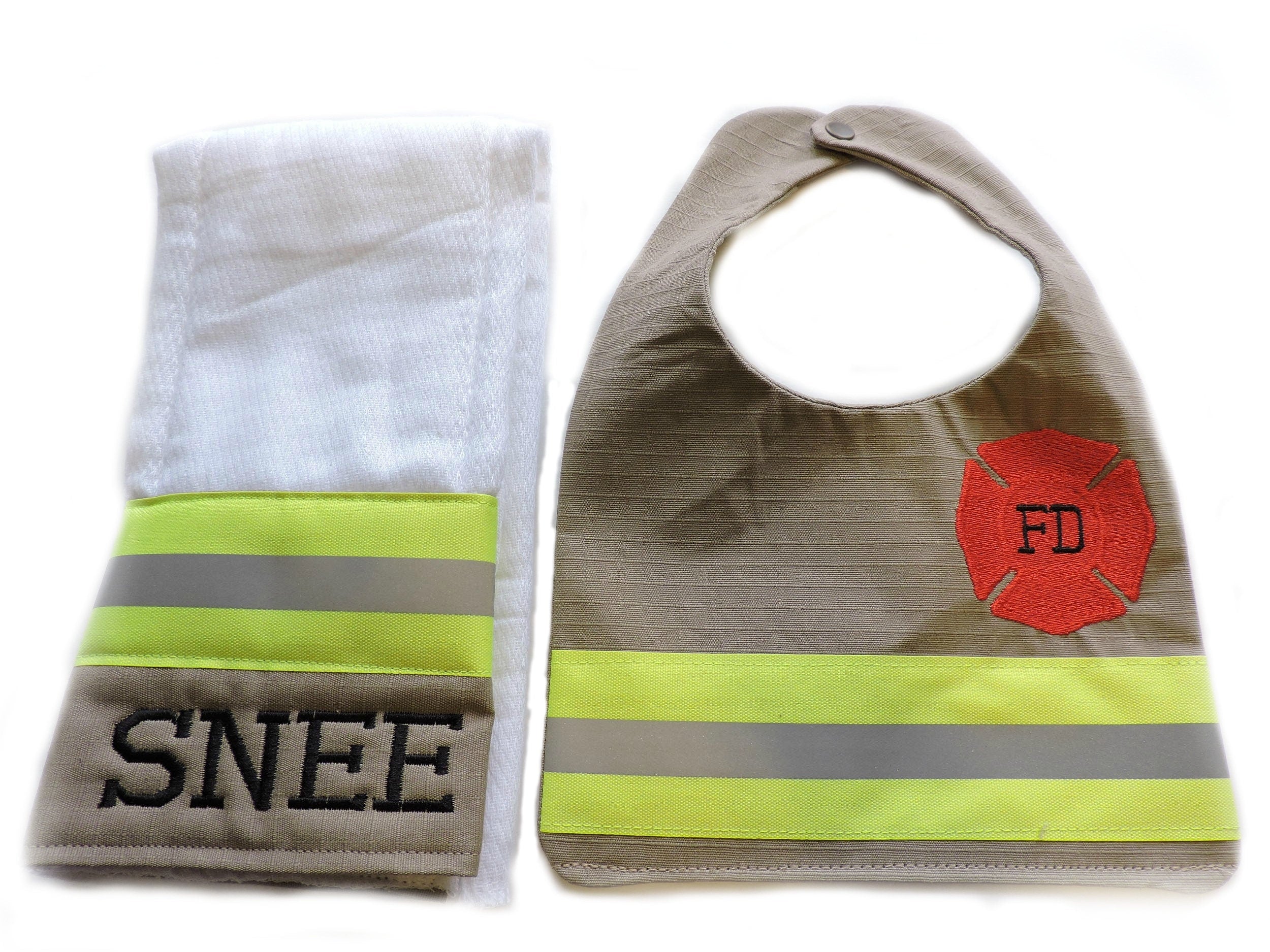 tan fabric Firefighter baby bib and burp cloth