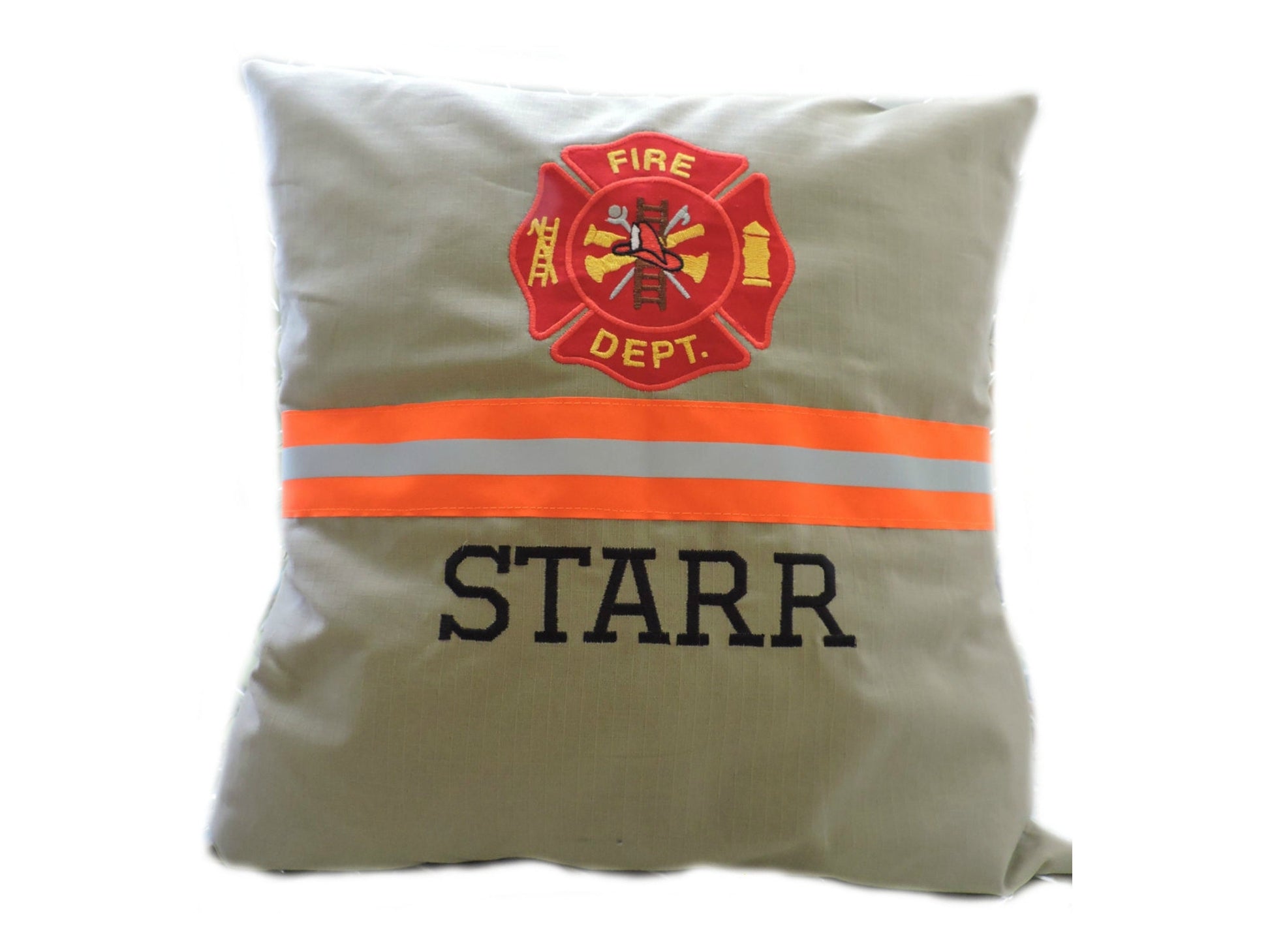 tan fabric with neon orange reflective tape Firefighter pillow cover with maltese cross