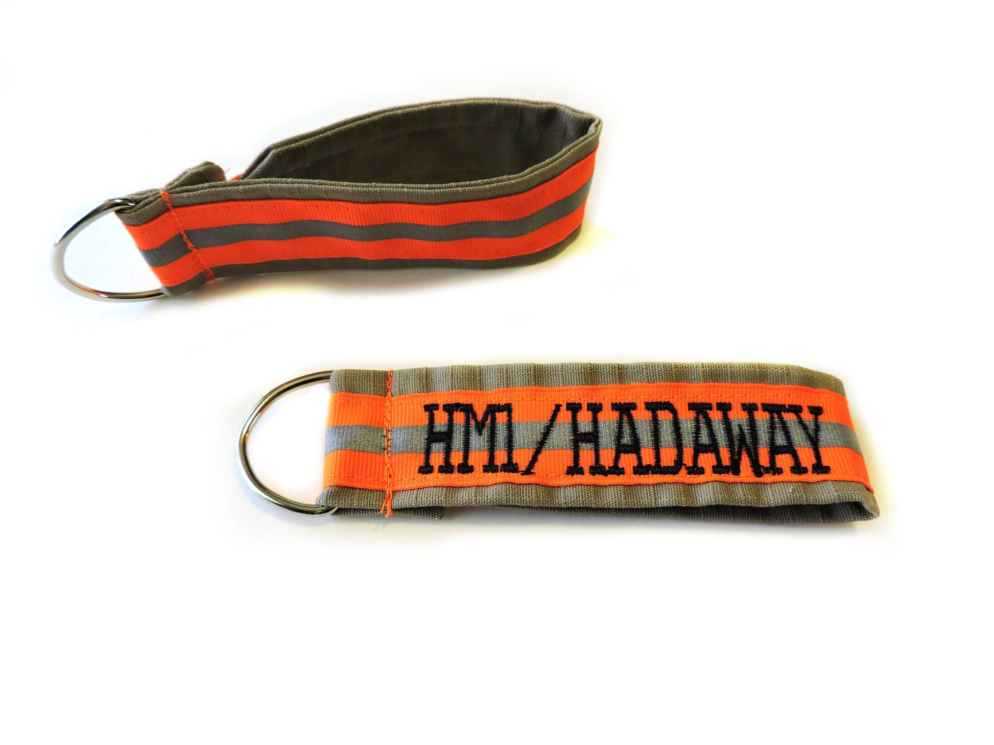 tan fabric with neon orange reflective tape firefighter keychain