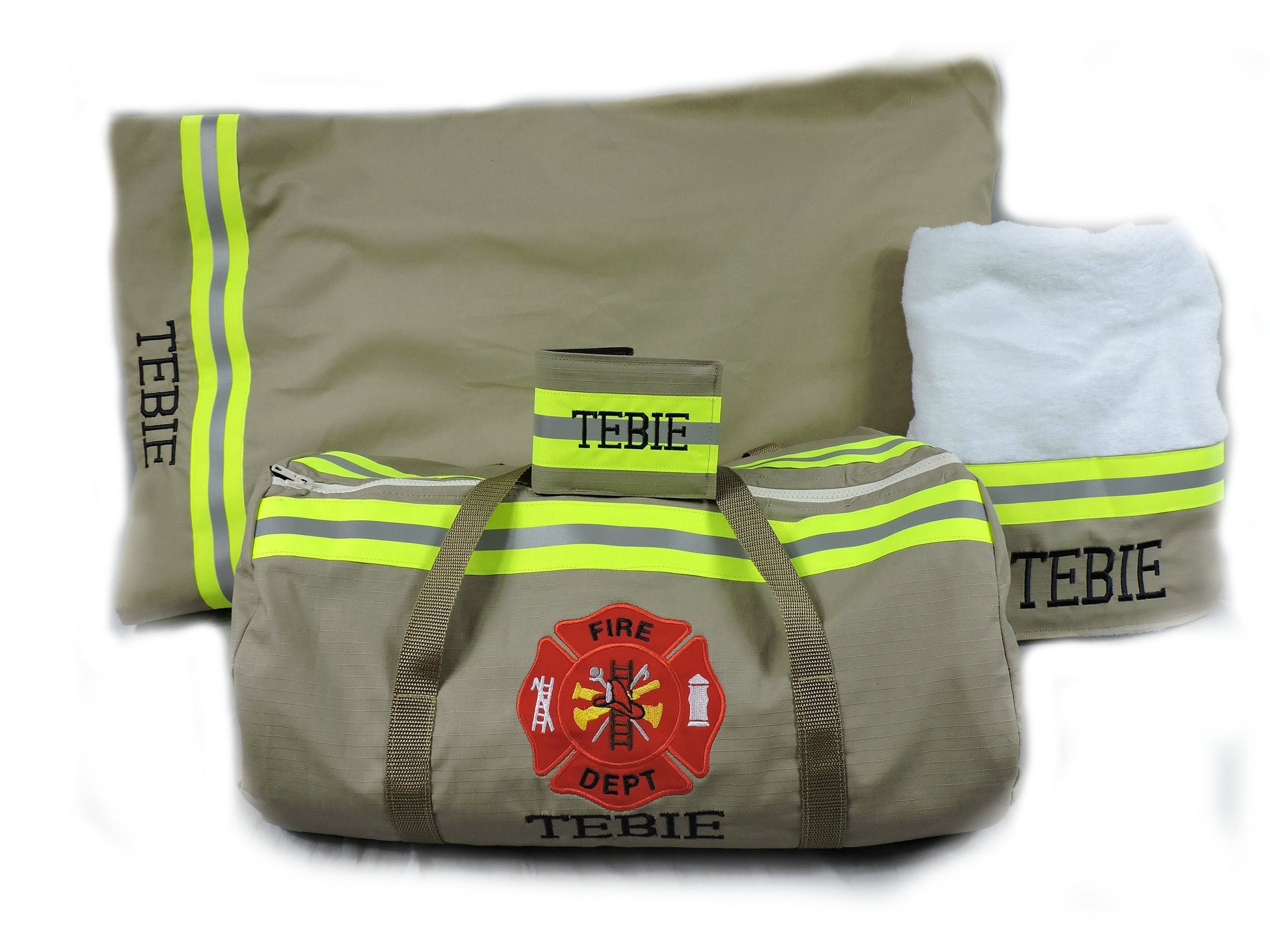 tan fabric Firefighter Duffel bag, pillowcase, bath towel, wallet gift set