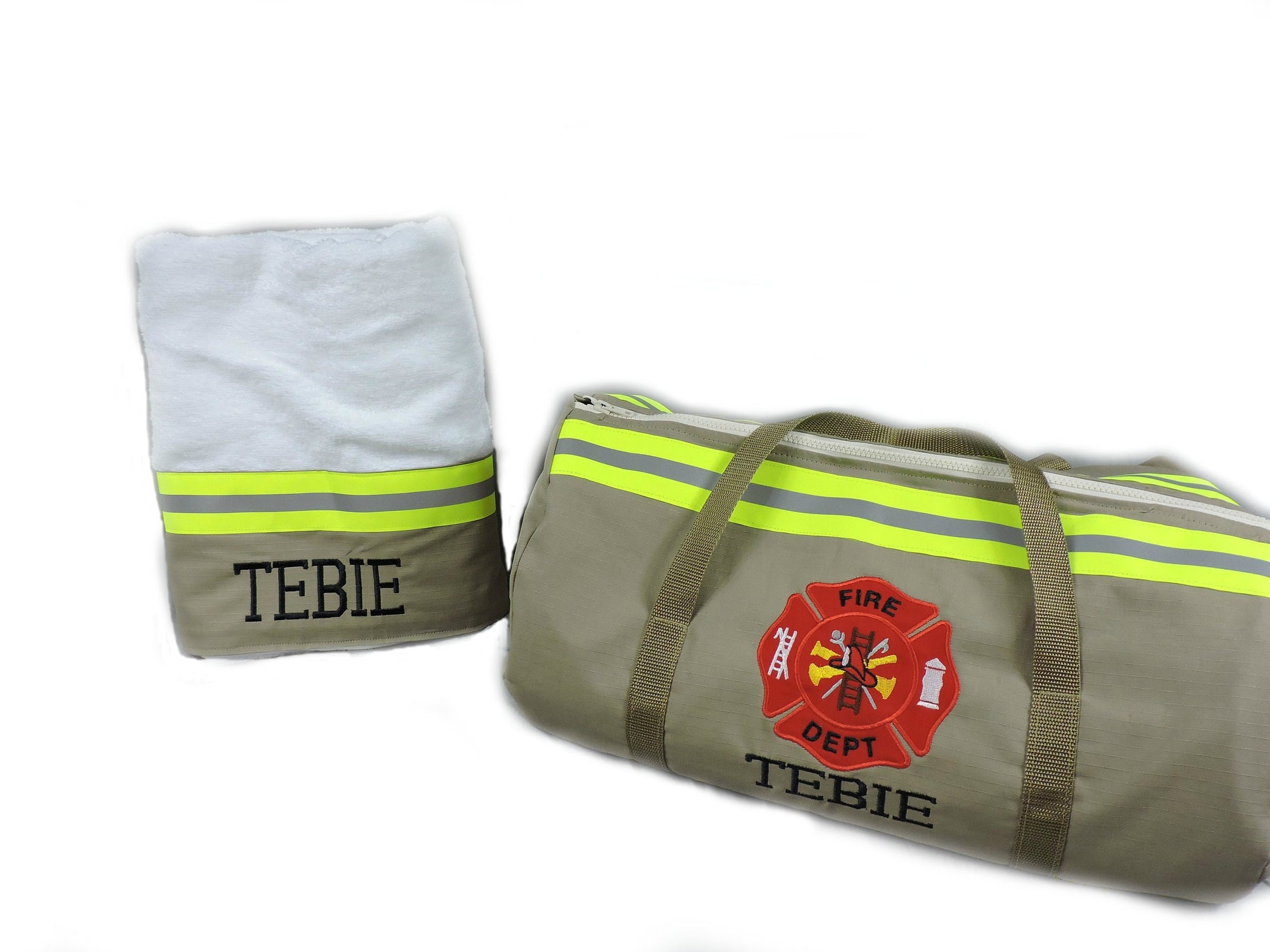 tan fabric firefighter duffel bag and bath towel gift set