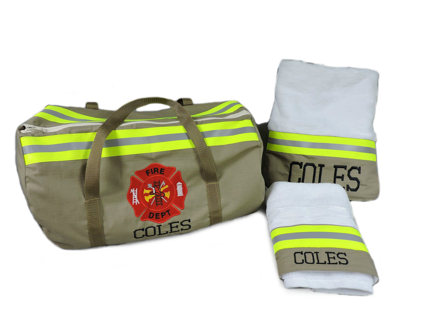 Tan fabric Firefighter Duffel bag, bath and hand towel gift set