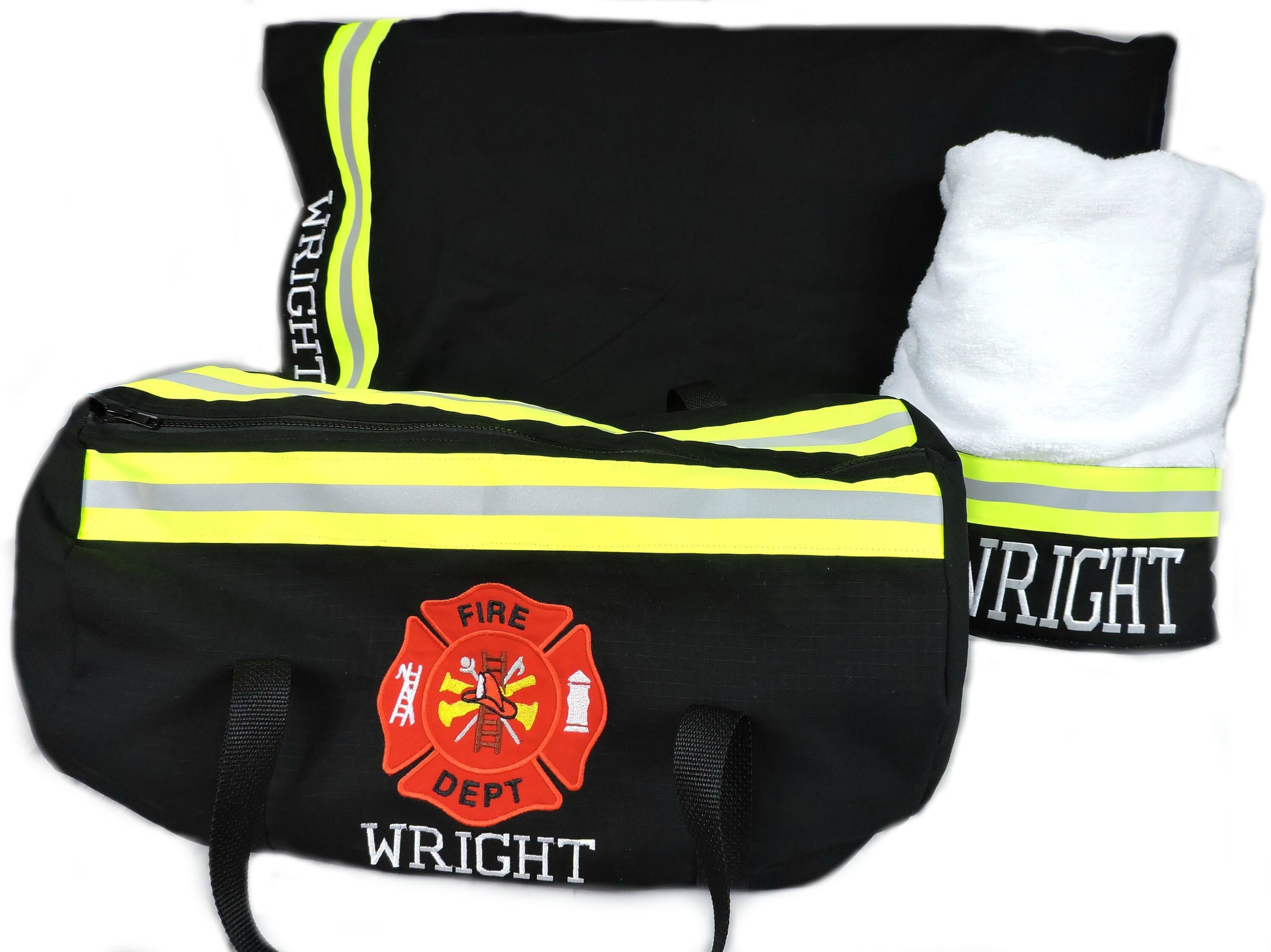 black fabric Firefighter Duffel bag, pillowcase and bath towel gift set