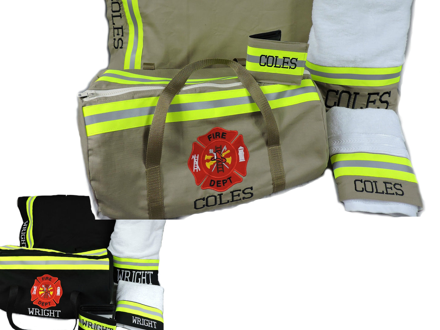 Firefighter Gift set with firefighter duffle bag, bath and hand towel, wallet and pillowcase