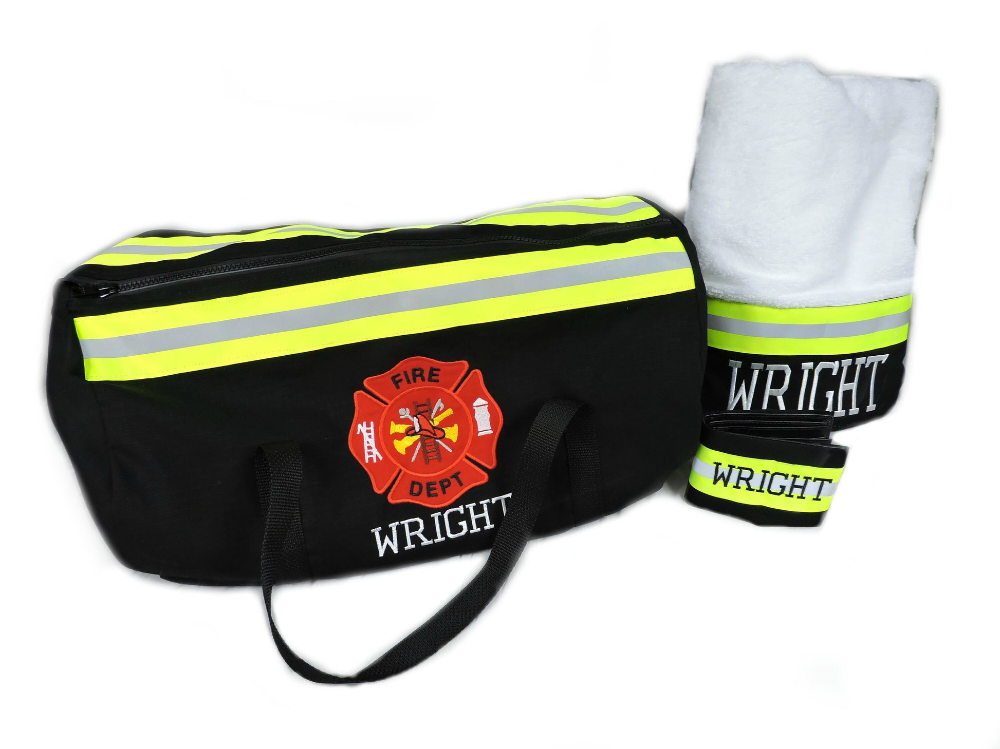 black fabric firefighter duffel, bath towel and wallet gift set