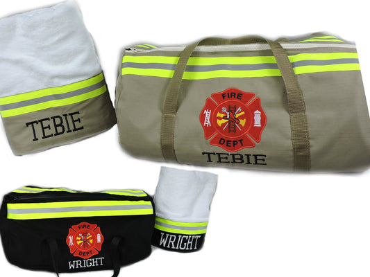 firefighter duffel bag and bath towel gift set