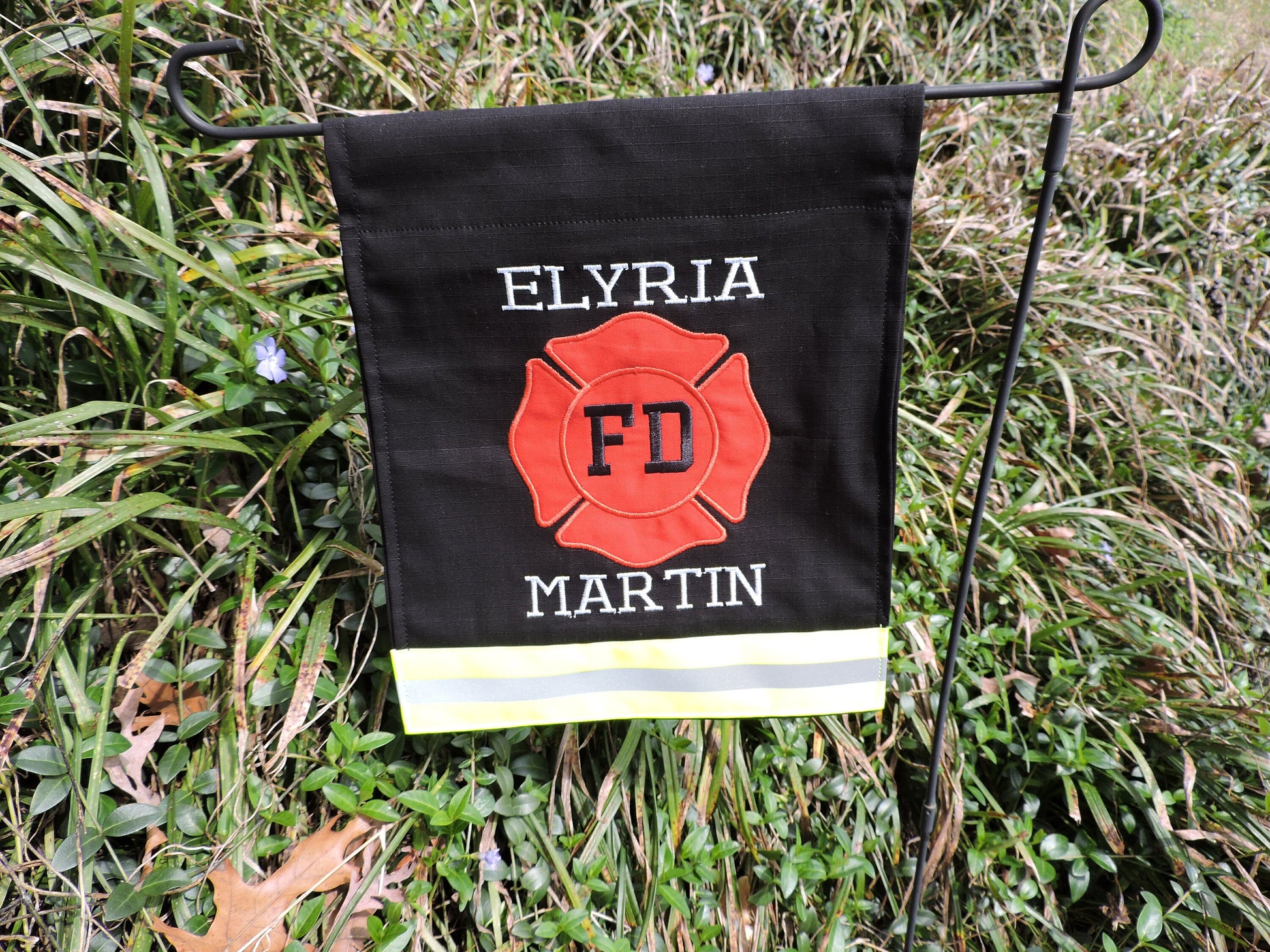 Black Fabric Neon Yellow Reflective Tape firefighter fd garden flag with two names