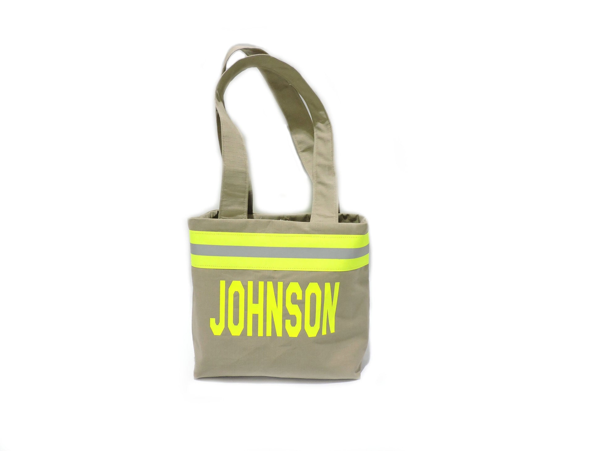 Tan Fabric Neon Yellow Reflective Tape Firefighter Wife Purse