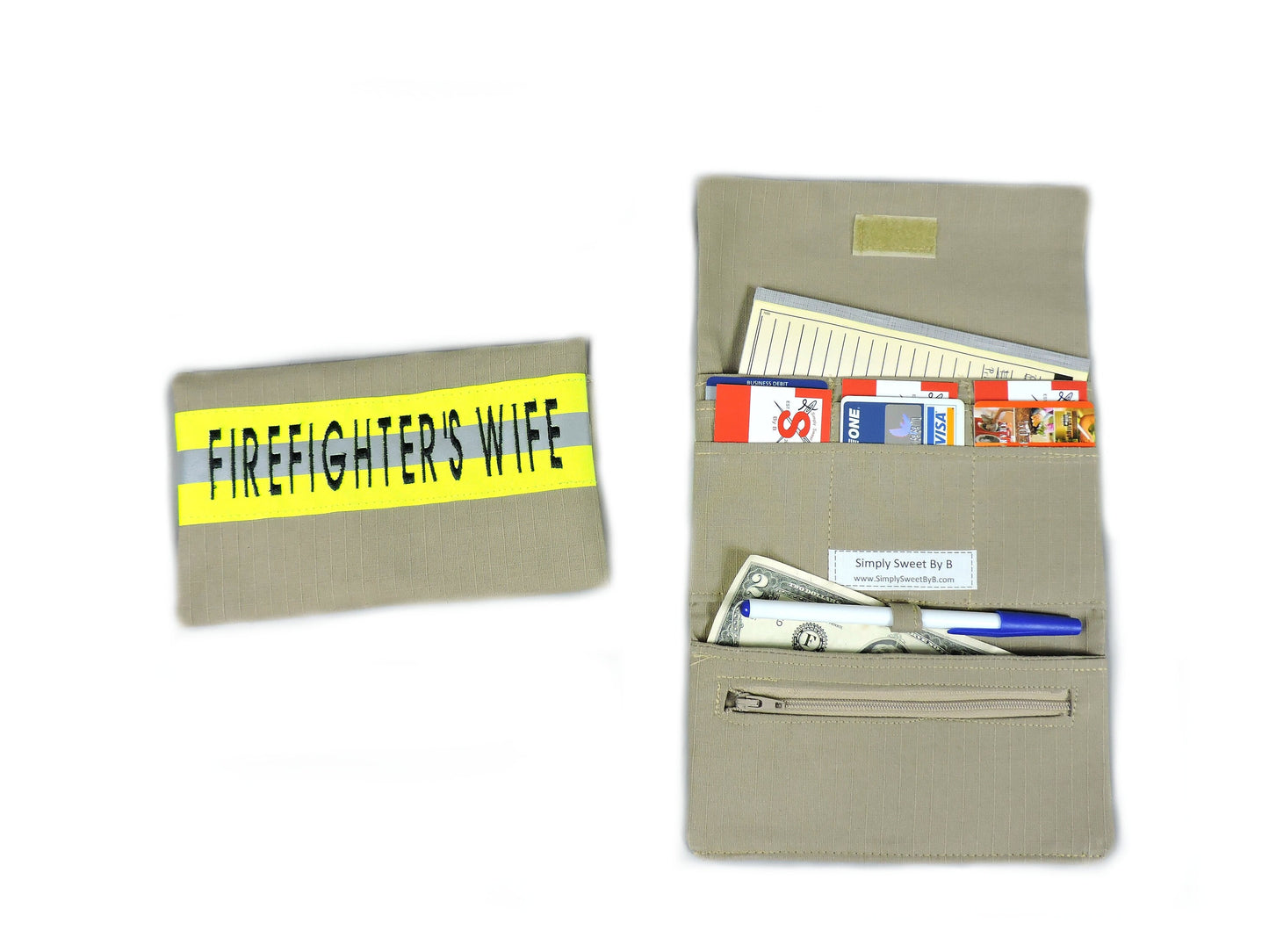 Tan Fabric Neon Yellow Reflective Tape Firefighter Wife women's Wallet