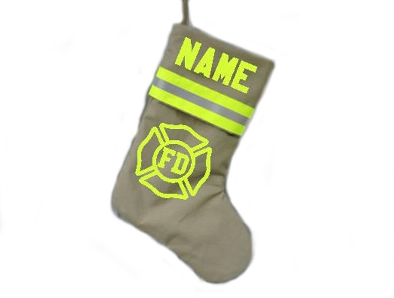 Tan Fabric Neon Yellow Reflective Tape Firefighter Christmas stocking with maltese cross