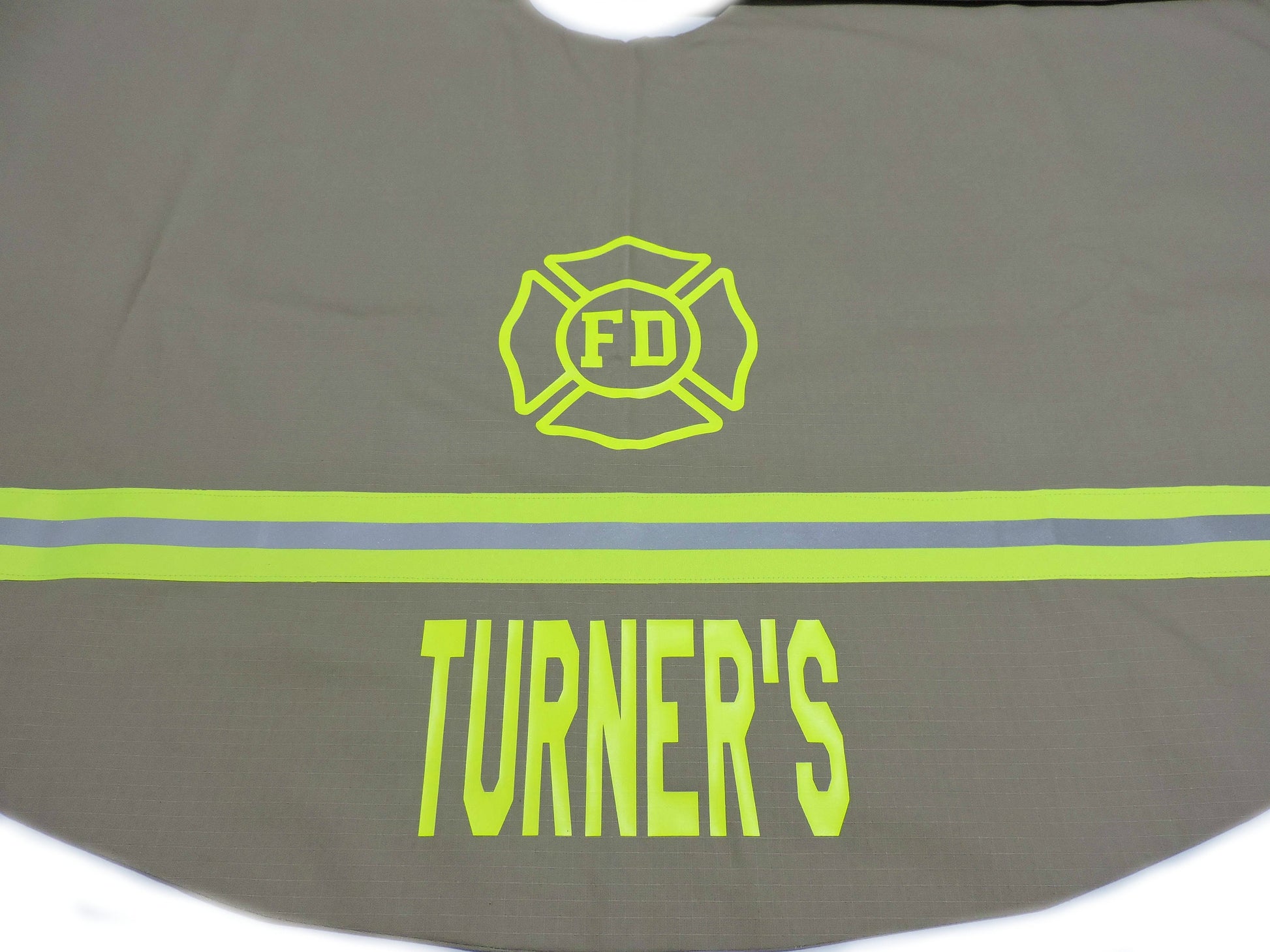 Tan Fabric Neon Yellow Reflective Tape Firefighter Christmas Tree Skirt with name and maltese cross