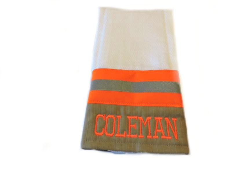 tan with neon orange reflective tape Firefighter burp cloth
