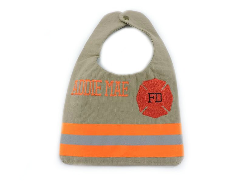 tan fabric neon orange tape Firefighter Baby Bib